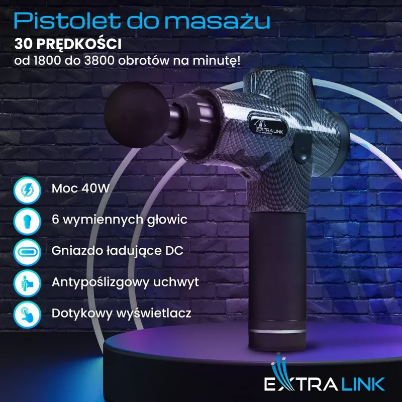 Masažo pistoletas Extralink MSG-01-PRO 3800 RPM 6 antgaliai