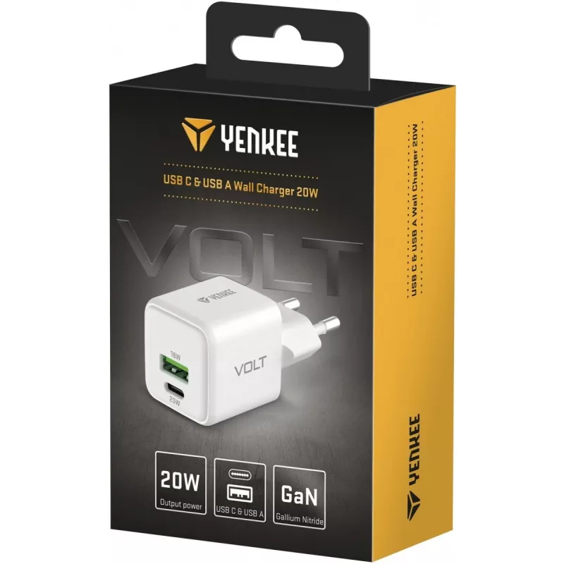 USB C/A tinklo įkroviklis YENKEE YAC G38 20W 3A Power Delivery (USB‑C ir USB‑A)