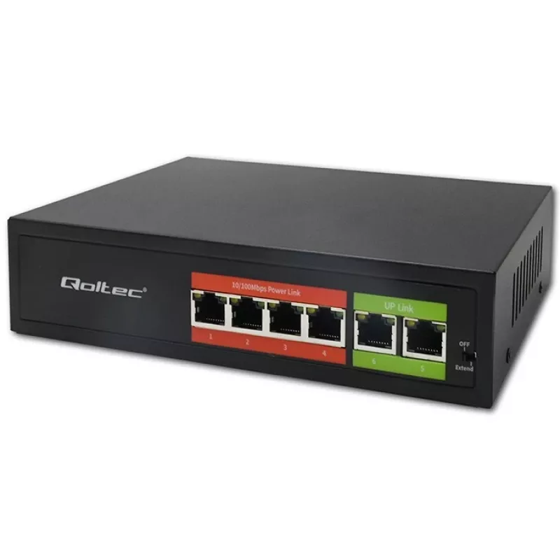 Ethernet PoE Switch QOLTEC 52289 — 4x RJ45 PoE prievadai, 2x RJ45 aukštynkryptis prievadas, 65W galios biudžetas