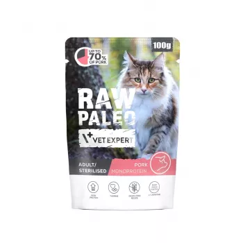 Šlapias kačių maistas VETEXPERT Raw Paleo Adult Sterilised Pork 100 g — pilnavertis žaliavinis racionas sterilizuotoms suaugusioms katėms