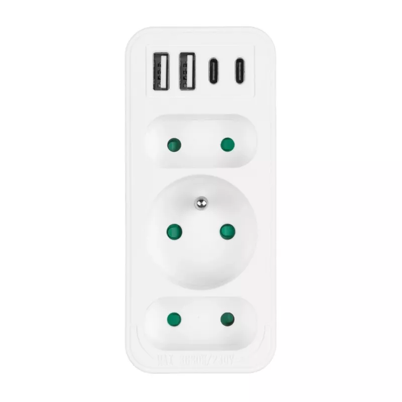 Maitinimo skirstytuvas MACLEAN MCE248 F/W — 3 kintamosios srovės lizdai (1×16A, 2×6A) + 4×USB (2×A, 2×C PD 20W), EU kištukas, baltas