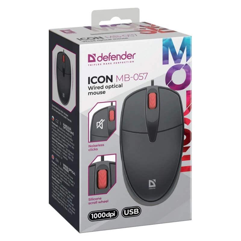 pelė DEFENDER ICON MB-057 OPTINĖ 1000dpi 3P JUODA TYLUS SPAUDIMAS