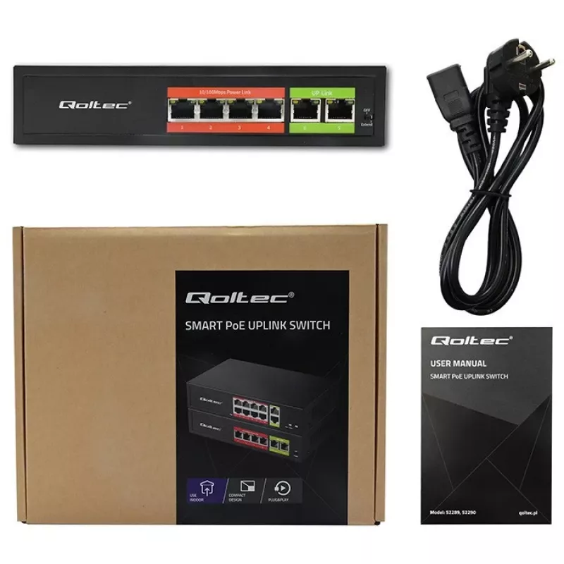 Ethernet PoE Switch QOLTEC 52289 — 4x RJ45 PoE prievadai, 2x RJ45 aukštynkryptis prievadas, 65W galios biudžetas