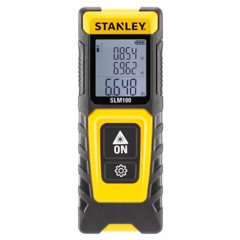 Atstumo matuoklis STANLEY SLM100 — lazerinis nuotolis 30 m, kompaktiškas rankinis matavimo prietaisas