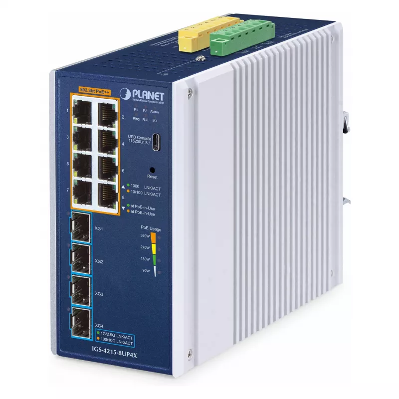 Valdomas komutatorius PLANET IP30 8 prievadų L2/L4 Gigabit Ethernet aliumininis mėlynas