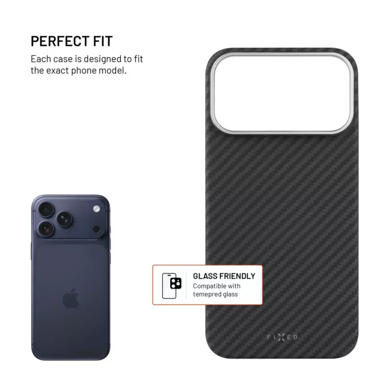 Apsauginis galinis dangtelis FIXED, skirtas Apple iPhone 17 Pro Max — aramidiniai pluoštai, juodas