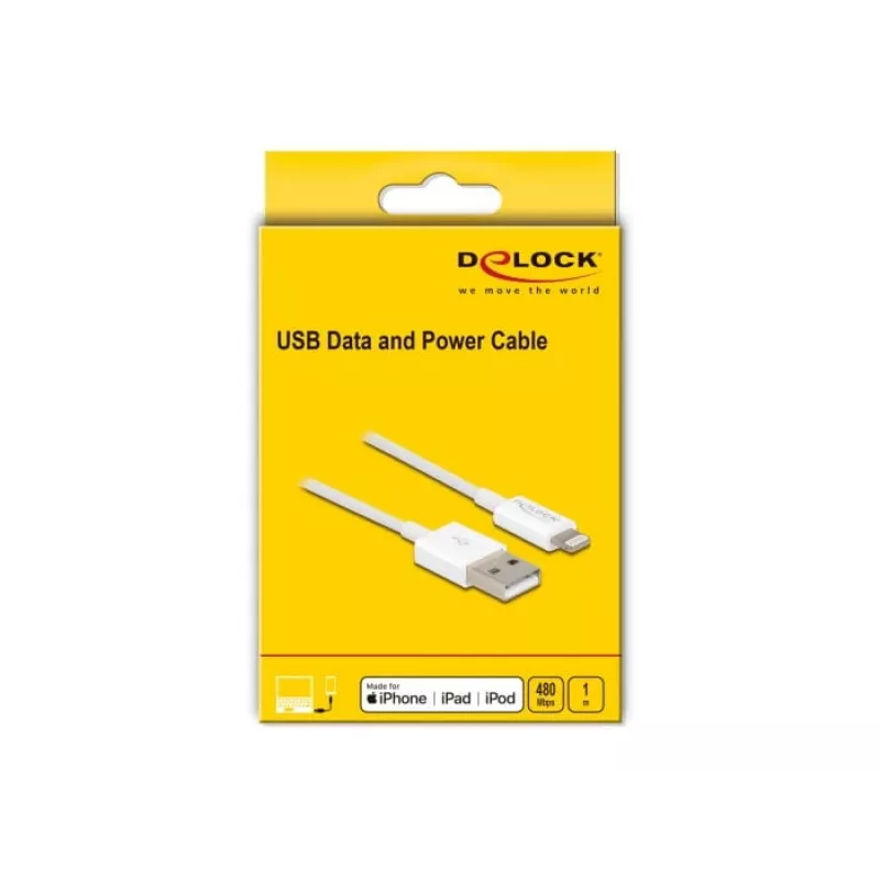 USB duomenų ir maitinimo kabelis DeLOCK 83000, skirtas iPhone, iPad, iPod, baltas, 1 m
