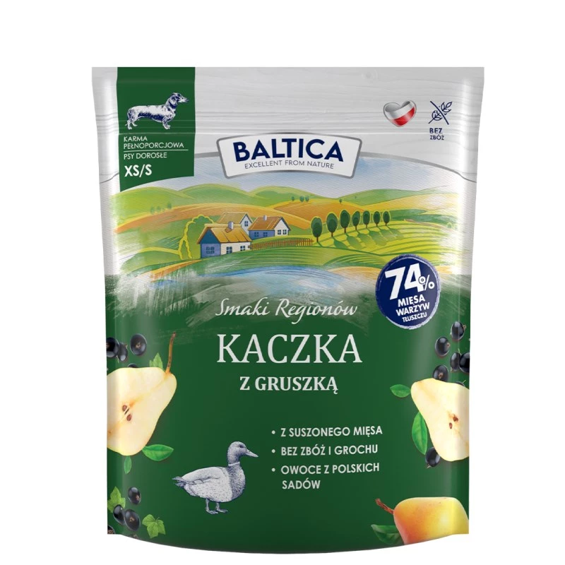 Šlapias šunų maistas Baltica antis su kriauše XS/S 1 kg — visavertis maistas mažiems suaugusiems šunims
