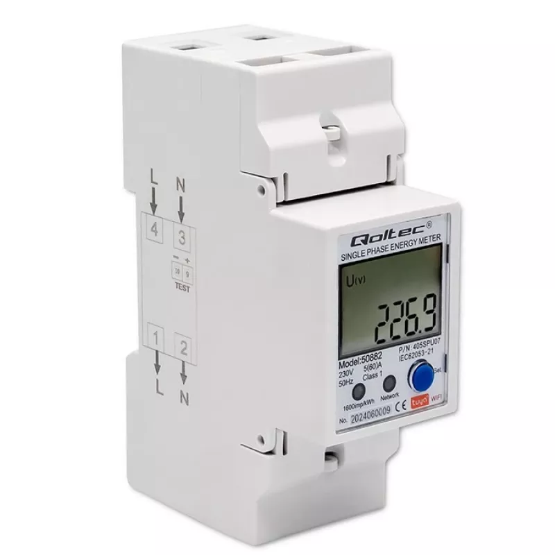 Qoltec 50882 Vienfazis elektroninis energijos suvartojimo skaitiklis ant DIN bėgelio | Wi-Fi | TUYA | 230V | LCD