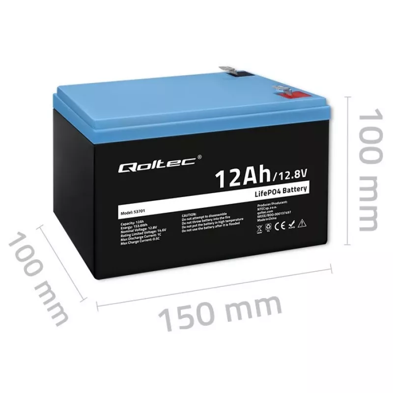 Qoltec LiFePO4 ličio geležies fosfato baterija 12,8 V 12 Ah 153,6 Wh su BMS