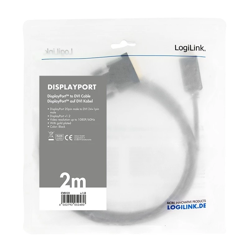 Vaizdo kabelio adapteris LogiLink CV0131 2m DisplayPort DVI juodas