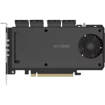 Mobilaus stovo adapterio kortelė icy dock MB204MP-1B — 4 × M.2 NVMe SSD karšto keitimo mobilus stovas