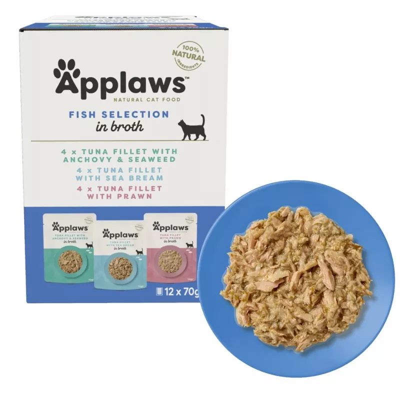 Drėgnas kačių maistas Applaws Žuvies rinkinys multipack sultinyje 12 x 70 g, suaugusioms katėms, 83 % drėgmės, pakeliai