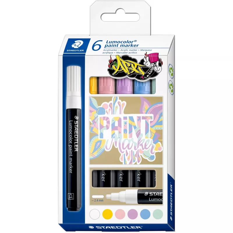 Marker set Staedtler Lumocolor 6 pastel colors — acrylic ink, asortimentas of 6 pastel shades