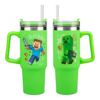 Paladone Minecraft žalias 900 ml izoliuotas puodelis su šiaudeliu