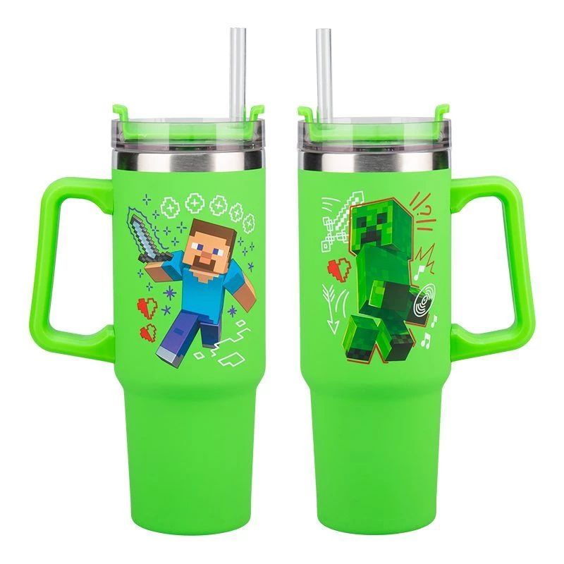 Paladone Minecraft žalias 900 ml izoliuotas puodelis su šiaudeliu