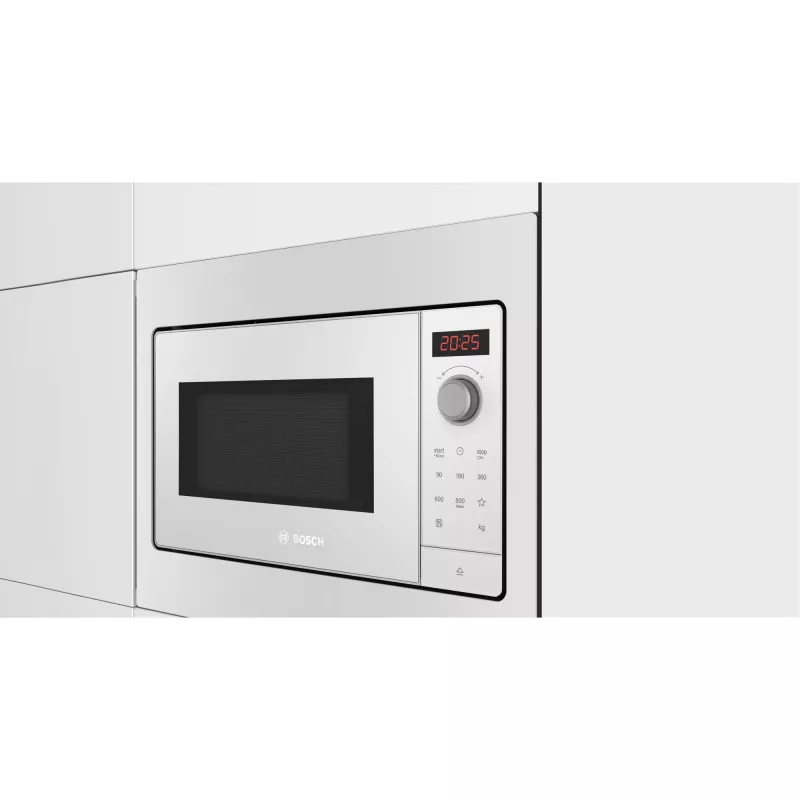Įmontuojama solo mikrobangų krosnelė Bosch BFL523MW3, 800 W, 20 L, balta, liečiamas ir sukamas valdymas