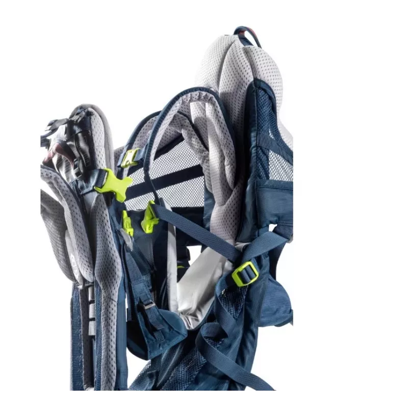 Vaikiška nešynė kuprinė DEUTER Kid Comfort Active — mėlyna, poliamidas, iki 22 kg, skėtis nuo saulės, kojų atrama, VariQuick, Lite Air