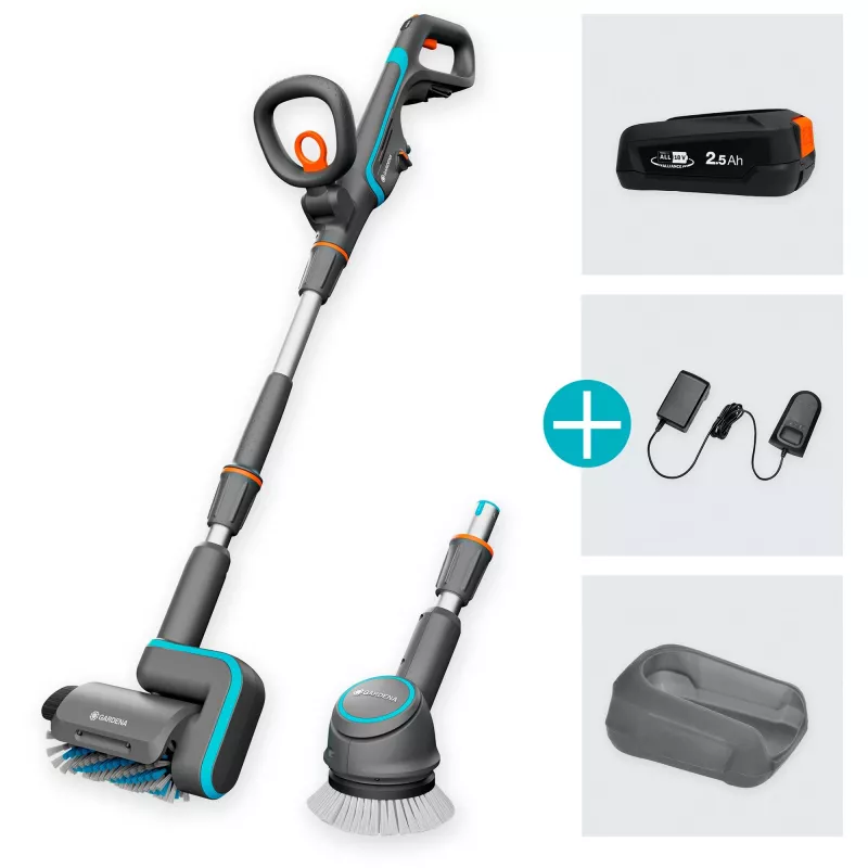 Akumuliatorinis daugiafunkcis valiklis AquaBrush Universal 18V P4A, kietų grindų valiklis Pilka/turquoise, Li-Ion akumuliatorius 2,5 Ah P4A, POWER FOR ALL ALLIANCE