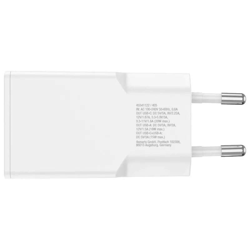 AC įkroviklis mobiliesiems įrenginiams 4smarts 541509 — 100–240V, USB-A + USB-C, 1,5 m laidas, greitas įkrovimas, baltas