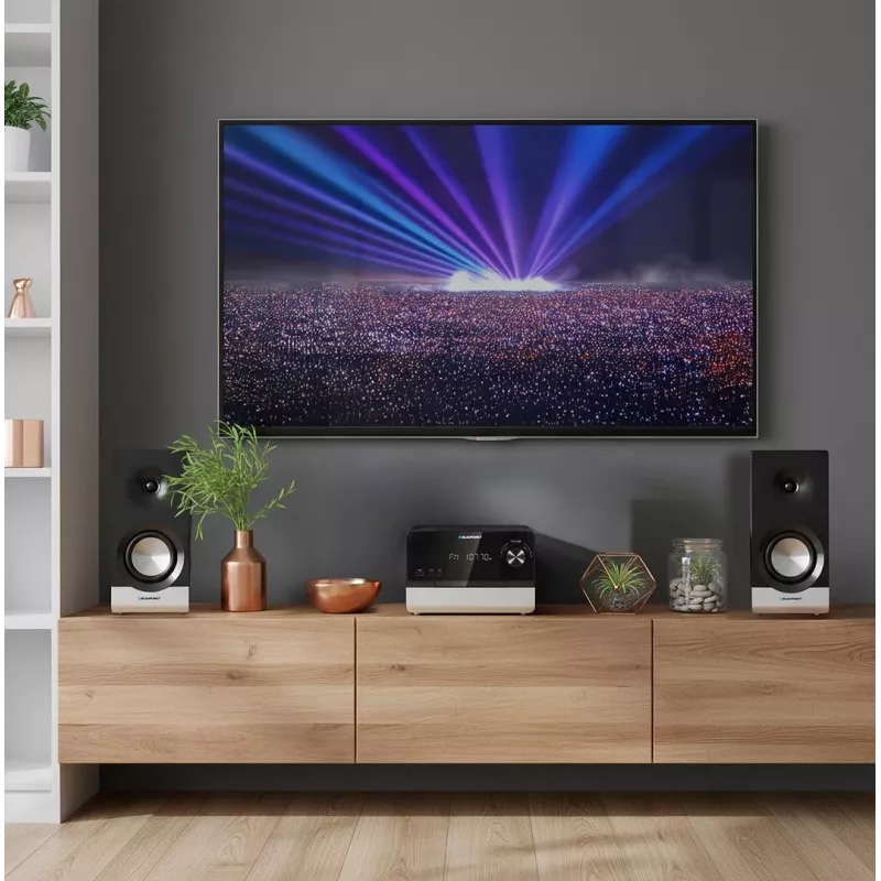 Namų garso mikrosistema BLAUPUNKT MS40.2BT — 2×50 W RMS, Bluetooth, CD, USB, HDMI ARC, optinis įėjimas, LED ekranas (juoda)