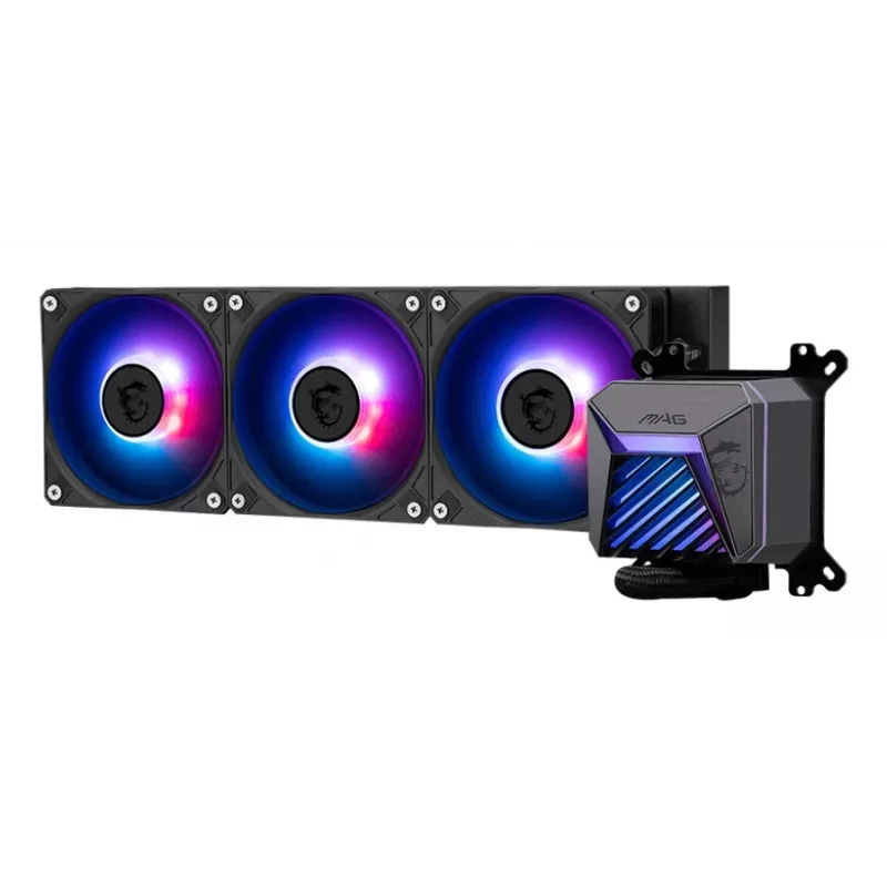 Vandens aušintuvas MSI MAG Coreliquid A15 360 — 3x 120 mm ventiliatoriai, radiatorius 394 x 120 x 27 mm, siurblys 5V, RGB, palaiko LGA 1851