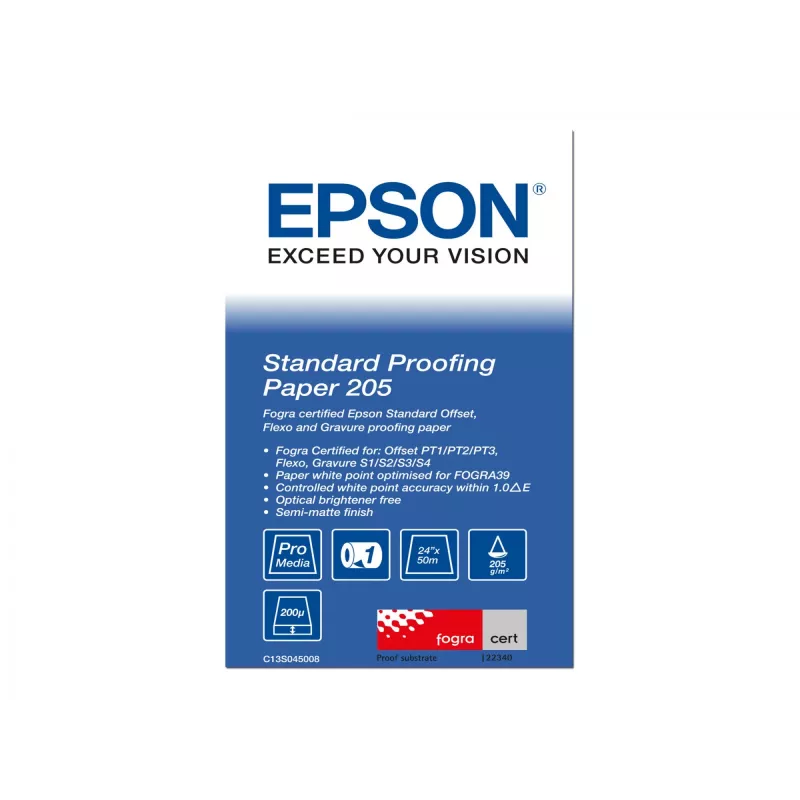 Epson Standartinis Proof Popierius, 24 coliai x 50m, 205g/m², 50 m, 61 cm, 61 cm (24 coliai), Pusiau matinis, 200 µm, 205 g/m²