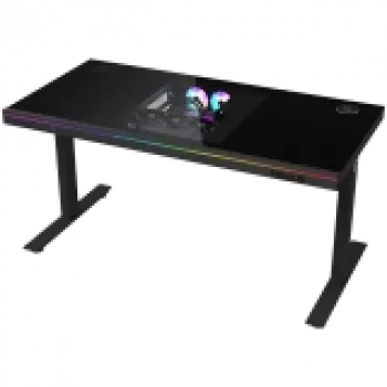 Dviejų variklių sėdimojo/stovimojo reguliuojamo aukščio žaidimų stalas su įmontuotu kompiuterio korpusu, belaidžiu įkrovikliu, RGB apšvietimu, valdymo skydeliu ir USB prievadais, grūdinto stiklo stalviršis, juodas.