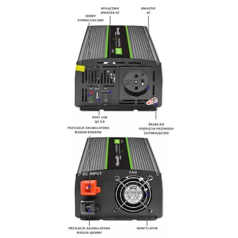 Automobilinis inverteris Qoltec Monolith 2000 W juodas 24 V