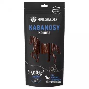 Šunų skanėstai PAKA ZWIERZAKA Dešrelės Arkliena 80 g — kramtomi dresūros skanėstai suaugusiems šunims, baltymai 56,7%, riebalai 13,9%