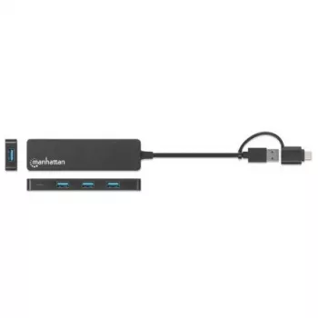 Manhattan USB-C & USB-A Combo Dock/Hub, prievadai (4): USB-A (x4), 5 Gbps (USB 3.2 Gen1, dar žinomas kaip USB 3.0), maitinamas per USB (nereikia išorinio maitinimo šaltinio)