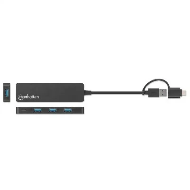Manhattan USB-C & USB-A Combo Dock/Hub, prievadai (4): USB-A (x4), 5 Gbps (USB 3.2 Gen1, dar žinomas kaip USB 3.0), maitinamas per USB (nereikia išorinio maitinimo šaltinio)