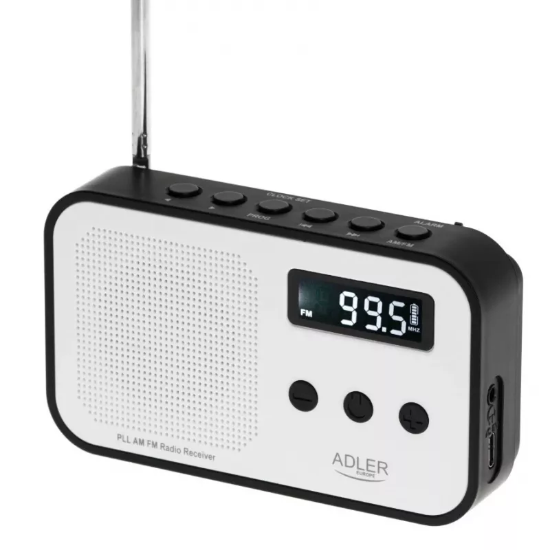 Nešiojamasis skaitmeninis radijas Adler AD 1907 — AM/FM, skaitmeninis imtuvas, žadintuvas, USB-C, 600 mAh baterija, LCD, 20 išsaugotų stočių, teleskopinė antena