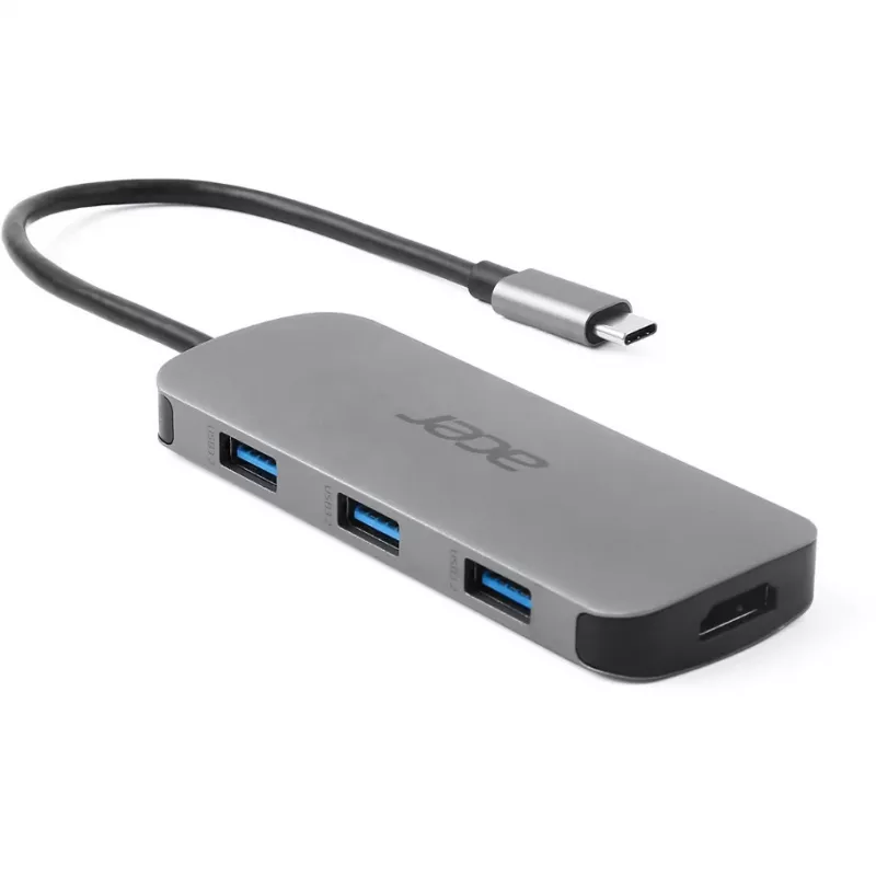 7‑in‑1 USB‑C Dongle Acer — USB 3.2 Gen 1 Type‑C, 3x USB‑A, HDMI, SD/MicroSD, 100 W PD, sidabrinis