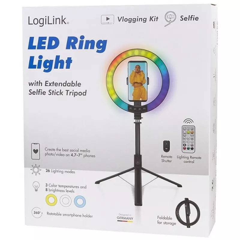LogiLink išmaniojo telefono žiedinė lemputė su asmenukių lazda / trikoju, DM 20cm (AA0156)