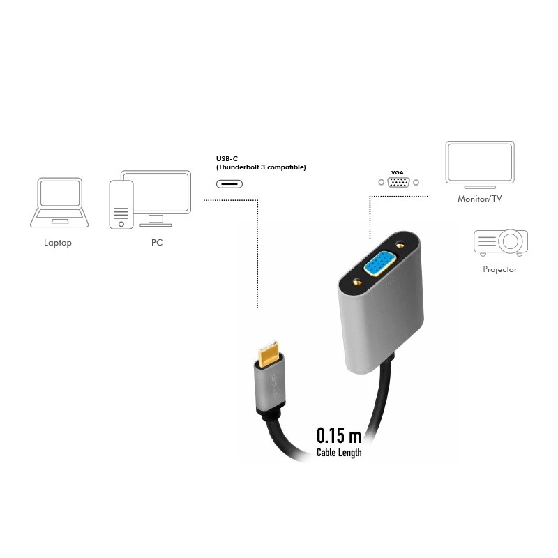 USB Type-C į VGA (D-Sub) vaizdo adapterio kabelis LOGILINK CUA0104 0,15 m, pilka / juoda