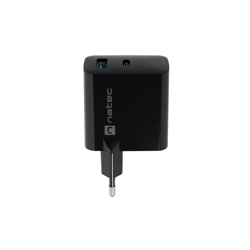 Laidus mobilusis įrenginių įkroviklis NATEC NUC-2145, 65 W, USB-C PD 3.0 + QC 3.0, 1x USB-C, 1x USB-A, 110–240 V, juodas