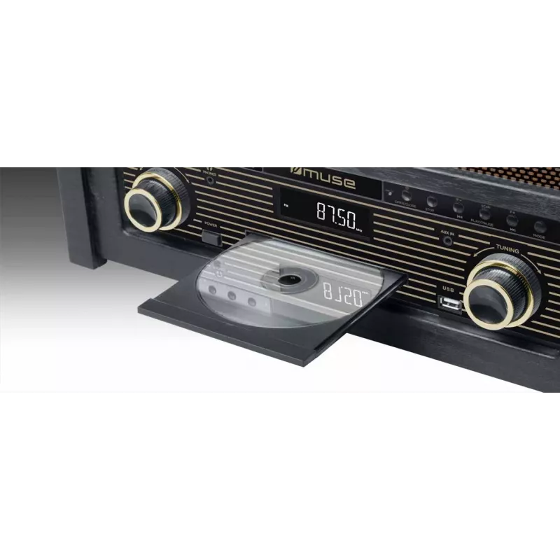 Patefonas muse MT-115 W — juoda/auksinė, 33-45-78 RPM, J formos tonearas, sukamasis garsumas, 240 V kintamoji srovė