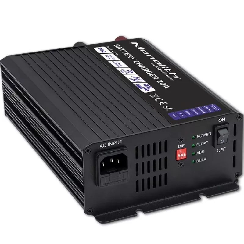Įkroviklis QOLTEC Monolith 20A 12V, skirtas LiFePO4, AGM, GEL, SLA baterijoms