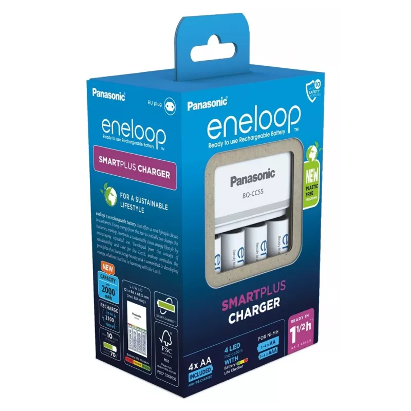 Baterijų įkroviklis PANASONIC Eneloop Smartplus BQ-CC55 + 4x AA 2000 mAh (K-KJ55MCD40E)