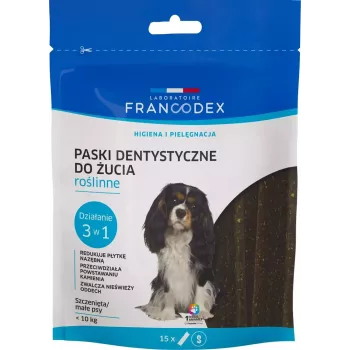 Dantų juostelės FRANCODEX šunims, pakuotėje 15 paketėlių — dantų skanėstas mažų veislių suaugusiems šunims (5–10 kg), 228 g, daržovių skonio, be glitimo