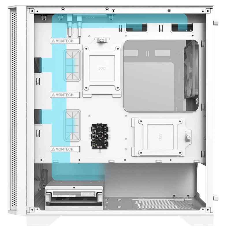 Montech AIR 100 ARGB MICRO-ATX korpusas su keturiais iš anksto sumontuotais ARGB ventiliatoriais, itin minimalistinis dizainas, smulkaus tinklelio priekinis skydelis, didelis oro srautas, unikalus šoninis skydelis