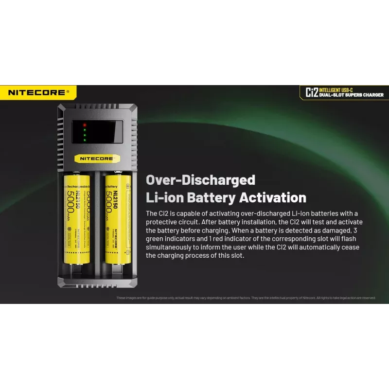 Baterijų įkroviklis Nitecore Ci12 universalus USB įkroviklis Li‑Ion, NiCd, NiMH, 3A įvestis 5/9/12V, plastikinis korpusas