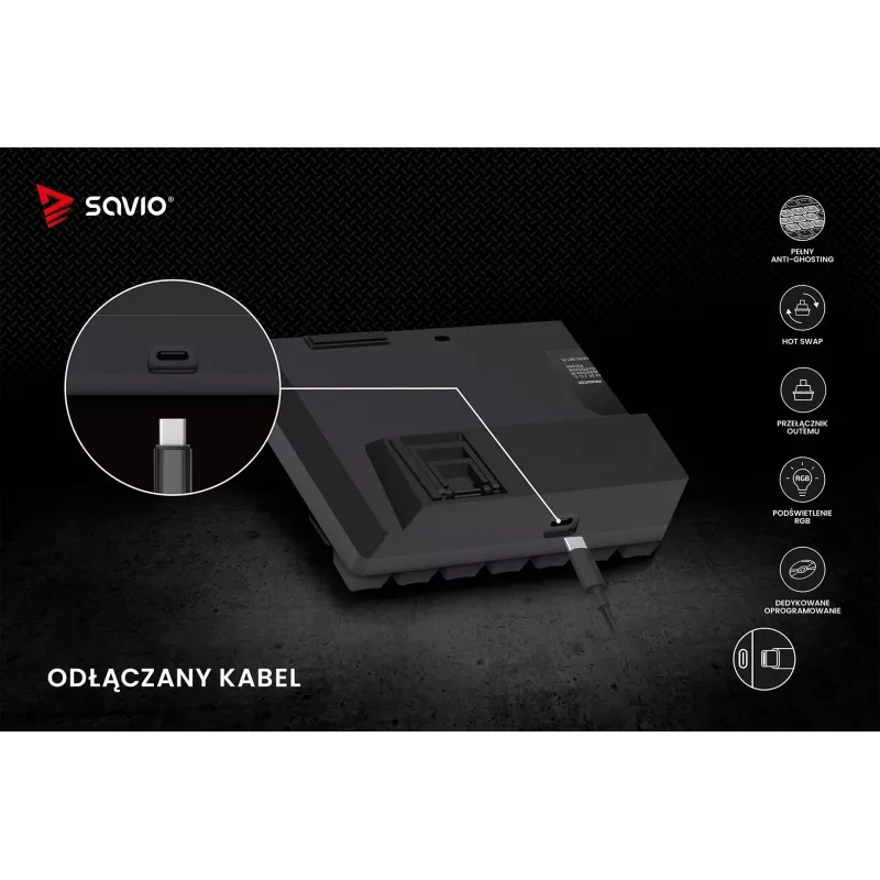 Mechaninė žaidimų klaviatūra SAVIO JuodaOUT X2 PEACH — 61 klavišų 60 % QWERTY, RGB LED, karštasis keitimas, USB Type-A/Type-C, nuimamas laidas