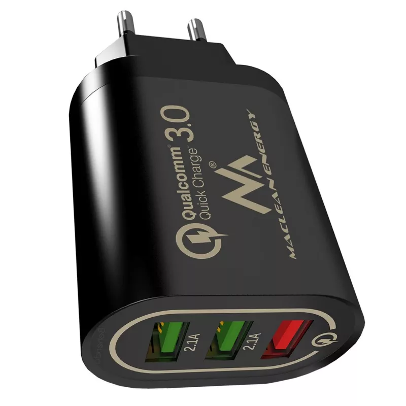 USB sieninis įkroviklis MACLEAN MCE479B — 3 USB prievadai, 18 W bendra galia, kompaktiškas