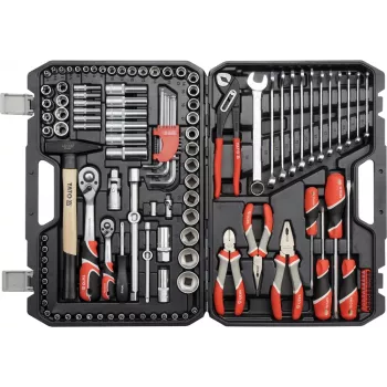 Mechaninių įrankių rinkinys YATO YT-38901 — 122 dalių įrankių komplektas su galvutėmis (12–32 mm), reketu, prailgintuvais, atsuktuvais, plaktuku, replėmis, chromuota apdaila