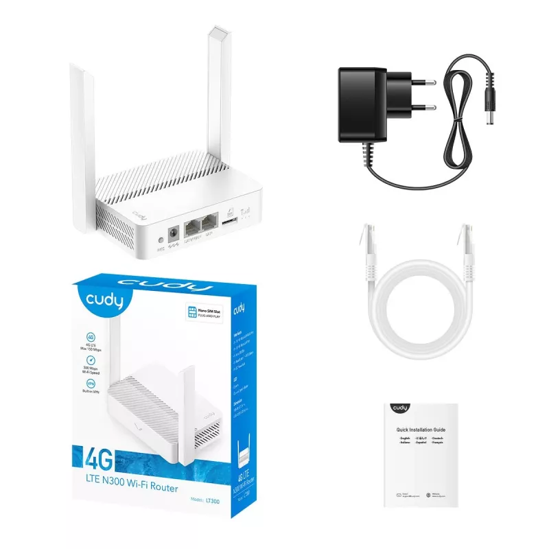 Stalinis belaidis maršrutizatorius Cudy LT300_EU — 300 Mbps, vienos dažnių juostos 2,4 GHz, NanoSIM, 1 WAN, 4 LAN prievadai