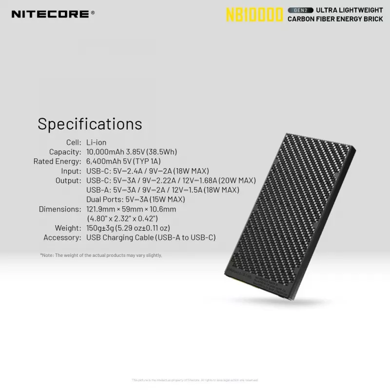 Portable Power Bank Nitecore NB10000 — 10000 mAh, USB‑A + USB‑C, 38W total output, Pilka