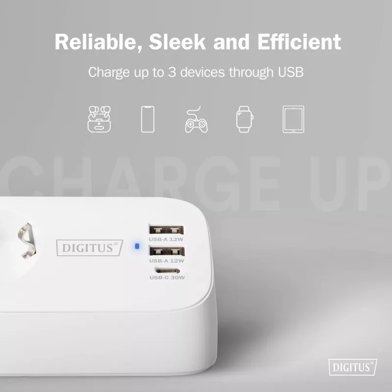 Maitinimo šakotuvas DIGITUS 3 lizdų su 2×USB-A ir 1×USB-C, 3 kintamosios srovės lizdai E/F tipo, 1,5 m laidas, baltas
