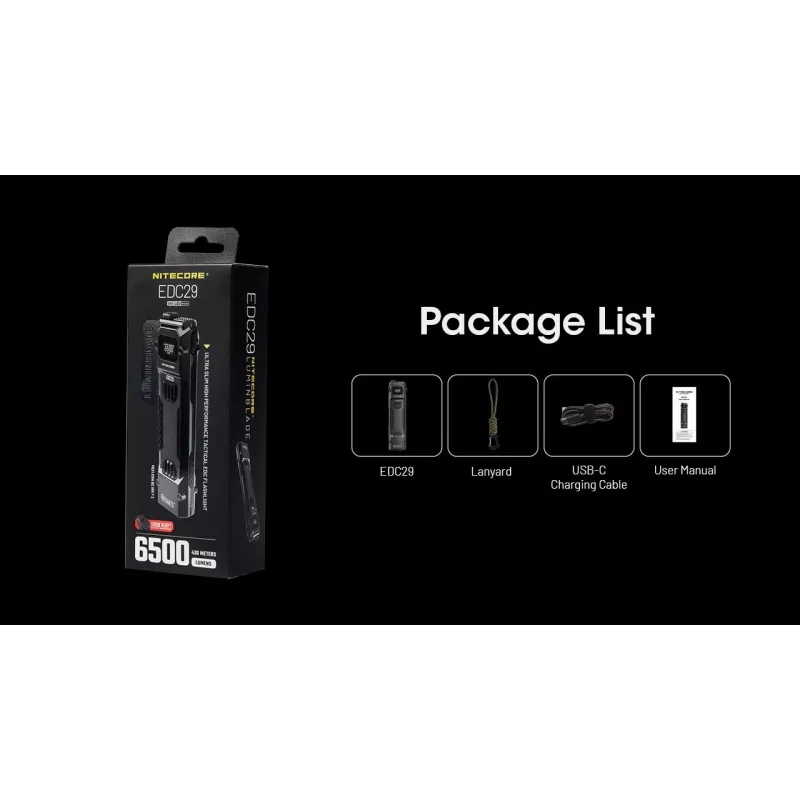 Rankinis žibintuvėlis Nitecore EDC29, nerūdijančio plieno korpusas, 2 šviesos diodai, 15–6500 lm, IP54, įkraunamas per USB